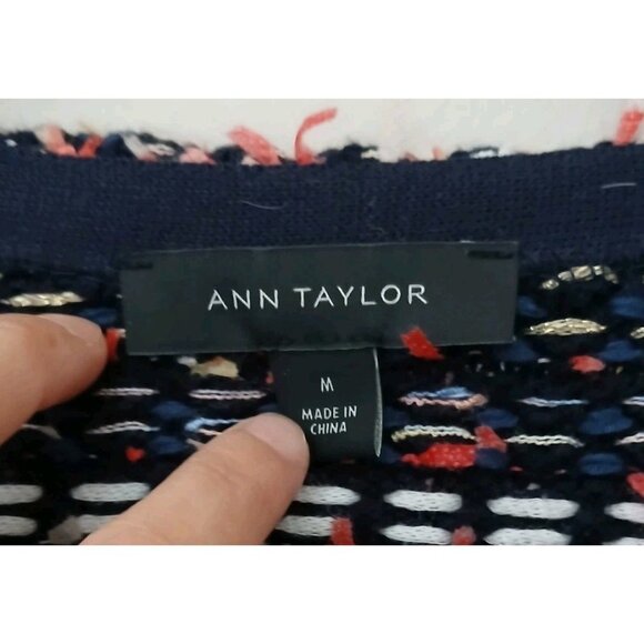Ann Taylor Fuzzy Tweed Knit Cardigan Jacket Size Medium Blue Pink Academia - Picture 5 of 11